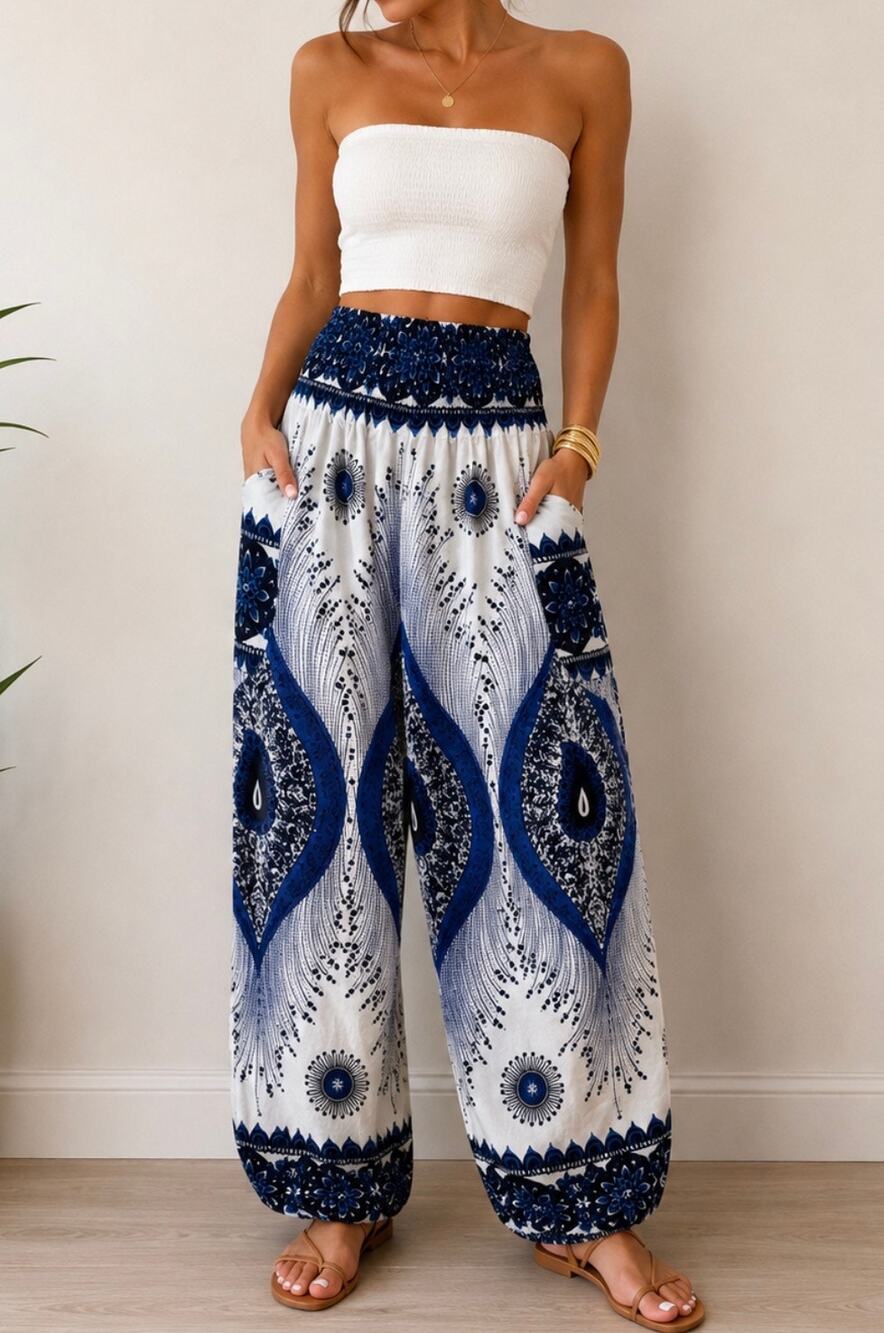 Boho Smocked Harem Pants – Blue Paisley Print